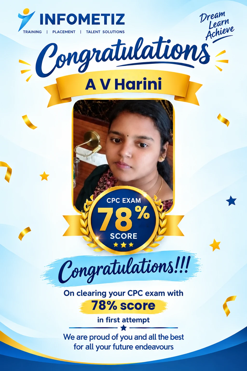 A V Harini cleared the AAPC CPC exam in the 1st attempt with 78% — INFOMETIZ student