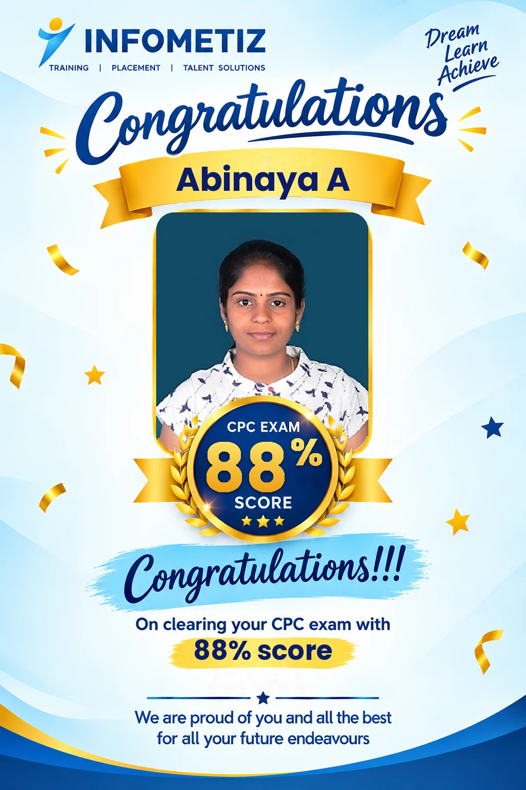 Abinaya A cleared the AAPC CPC exam with 88%. Successfully placed at Calpion — INFOMETIZ student
