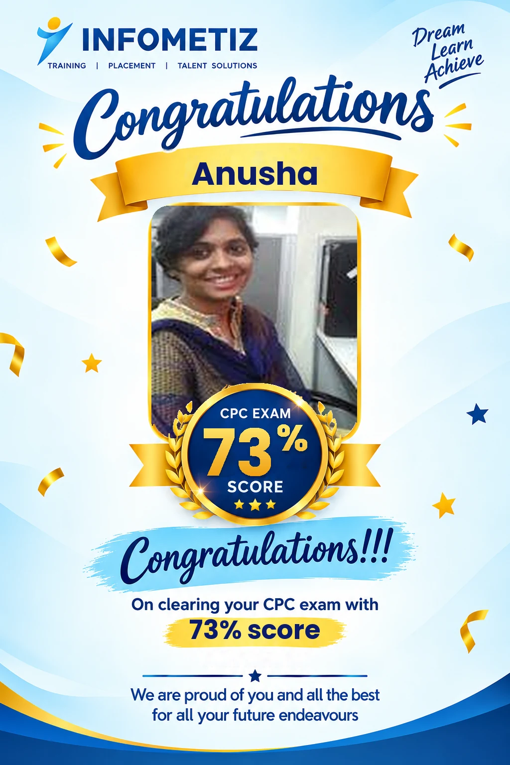 Anusha cleared the AAPC CPC exam with 73%. Successfully placed at Optum — INFOMETIZ student