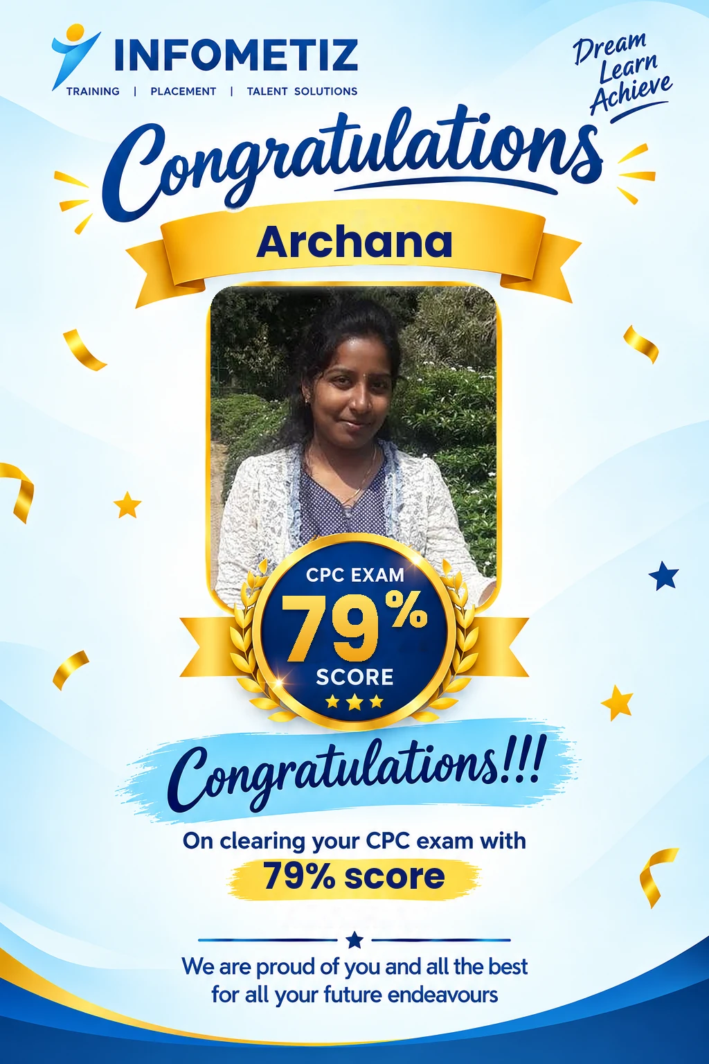 Archana cleared the AAPC CPC exam with 79%. Successfully placed at Sagility — INFOMETIZ student