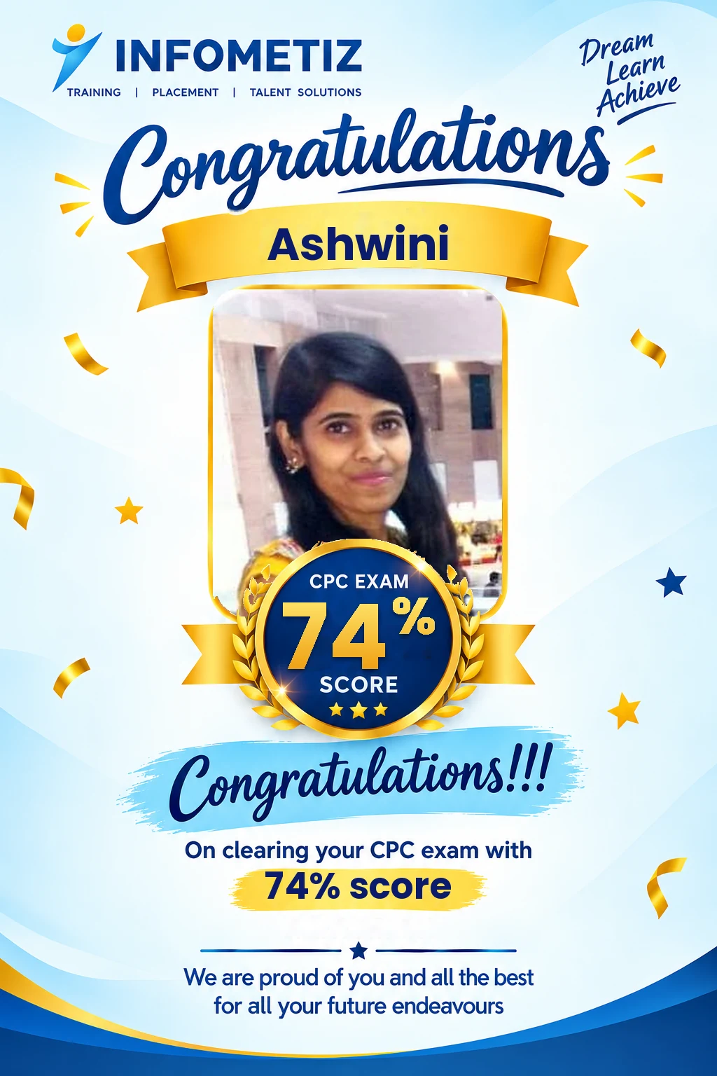 Ashwini cleared the AAPC CPC exam with 74%. Successfully placed at Sagility — INFOMETIZ student