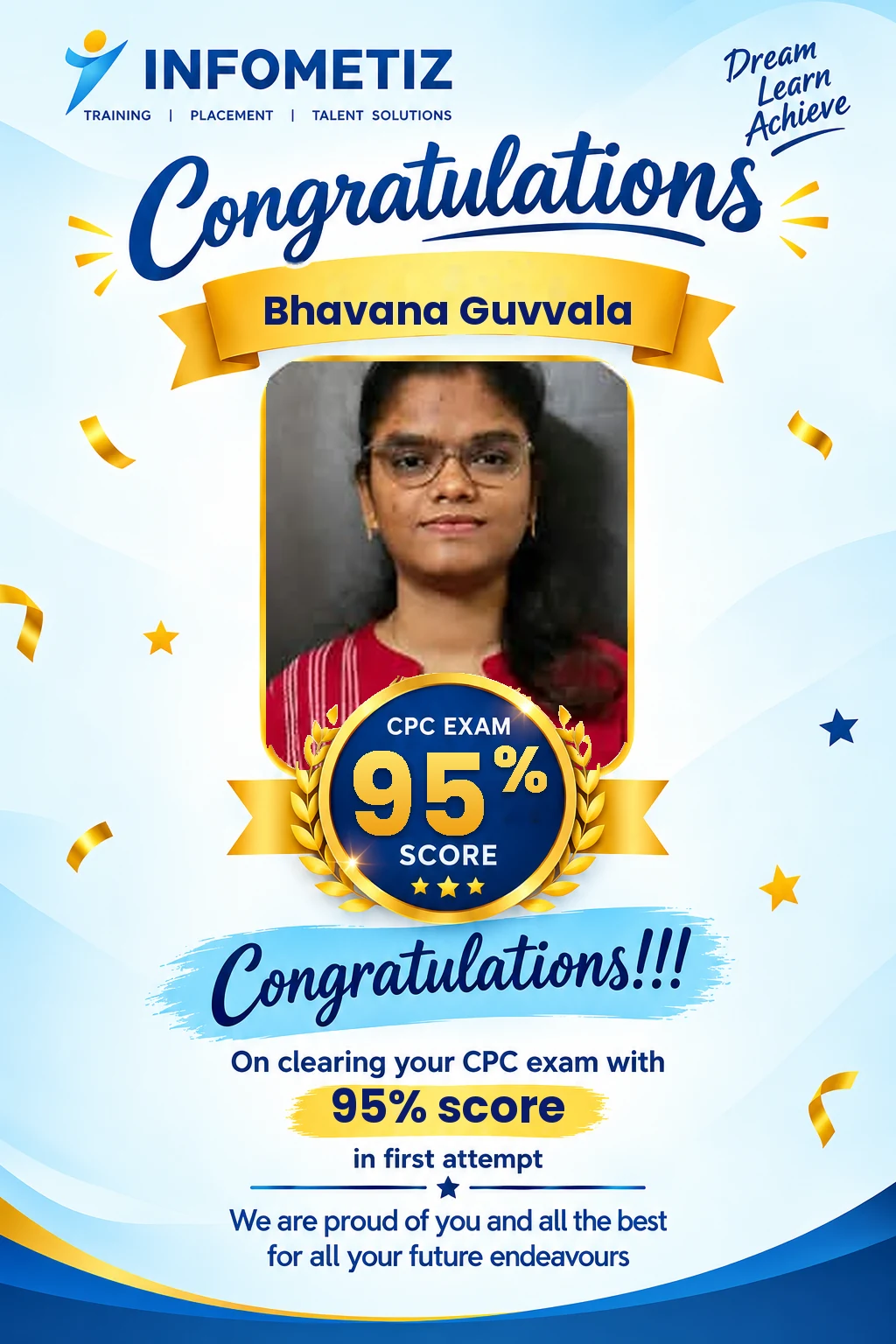 Bhavana Guvvala cleared the AAPC CPC exam in the 1st attempt with 95% — INFOMETIZ student