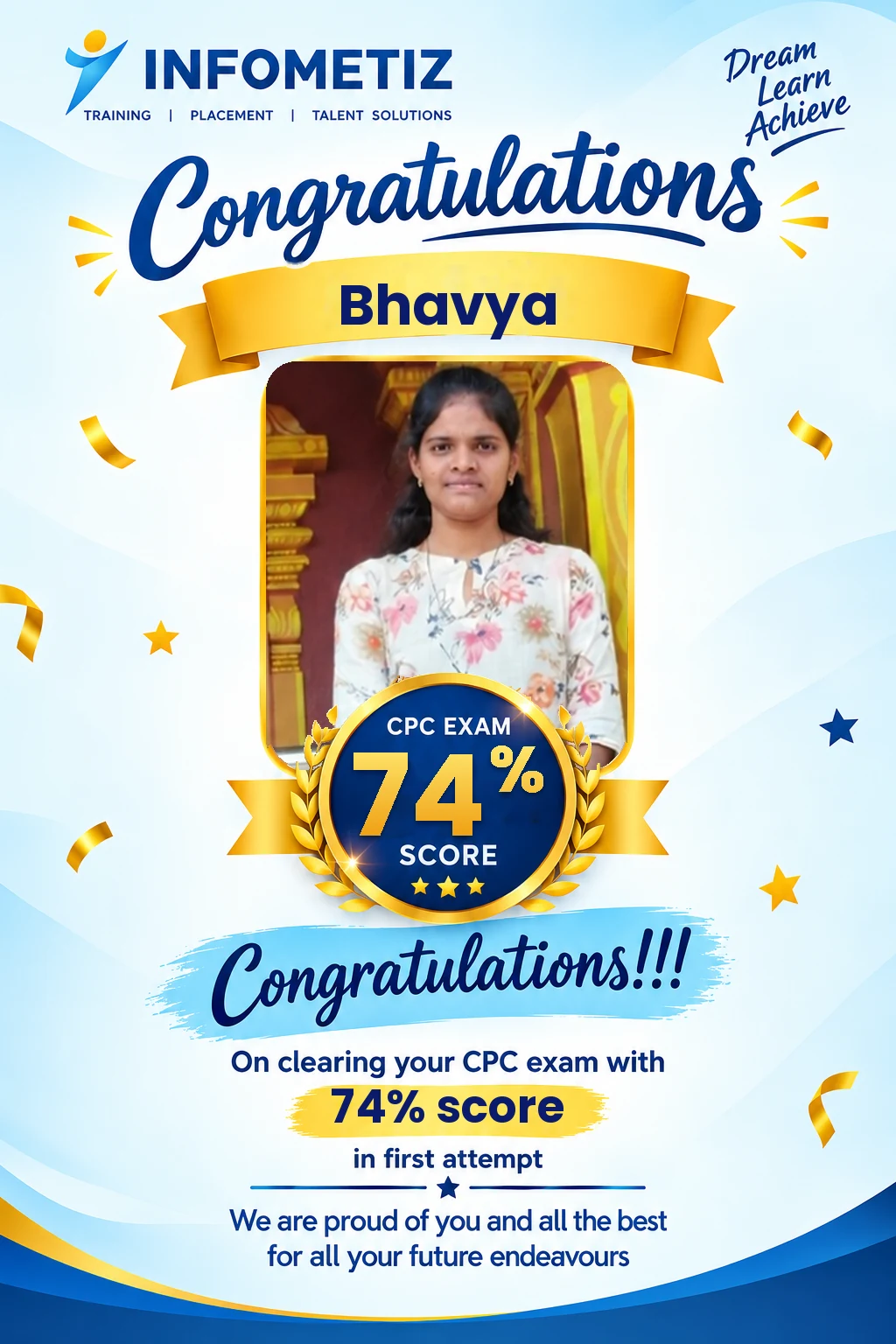 Bhavya cleared the AAPC CPC exam in the 1st attempt with 74% — INFOMETIZ student