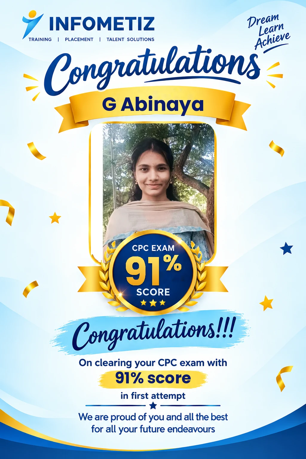 G Abinaya cleared the AAPC CPC exam in the 1st attempt with 91% — INFOMETIZ student