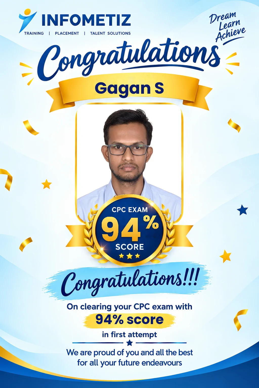 Gagan S cleared the AAPC CPC exam in the 1st attempt with 94% — INFOMETIZ student
