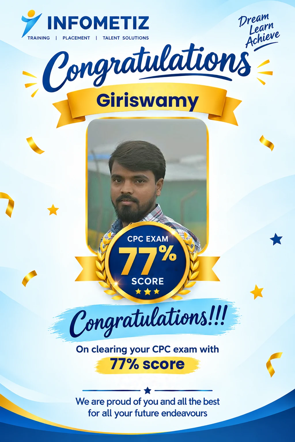 Giriswamy cleared the AAPC CPC exam with 77%. Successfully placed at R1RCM — INFOMETIZ student