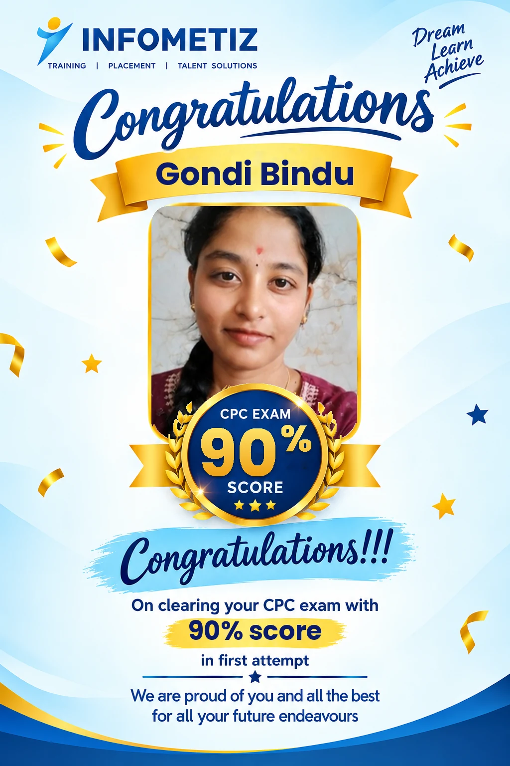 Gondi Bindu cleared the AAPC CPC exam in the 1st attempt with 90% — INFOMETIZ student