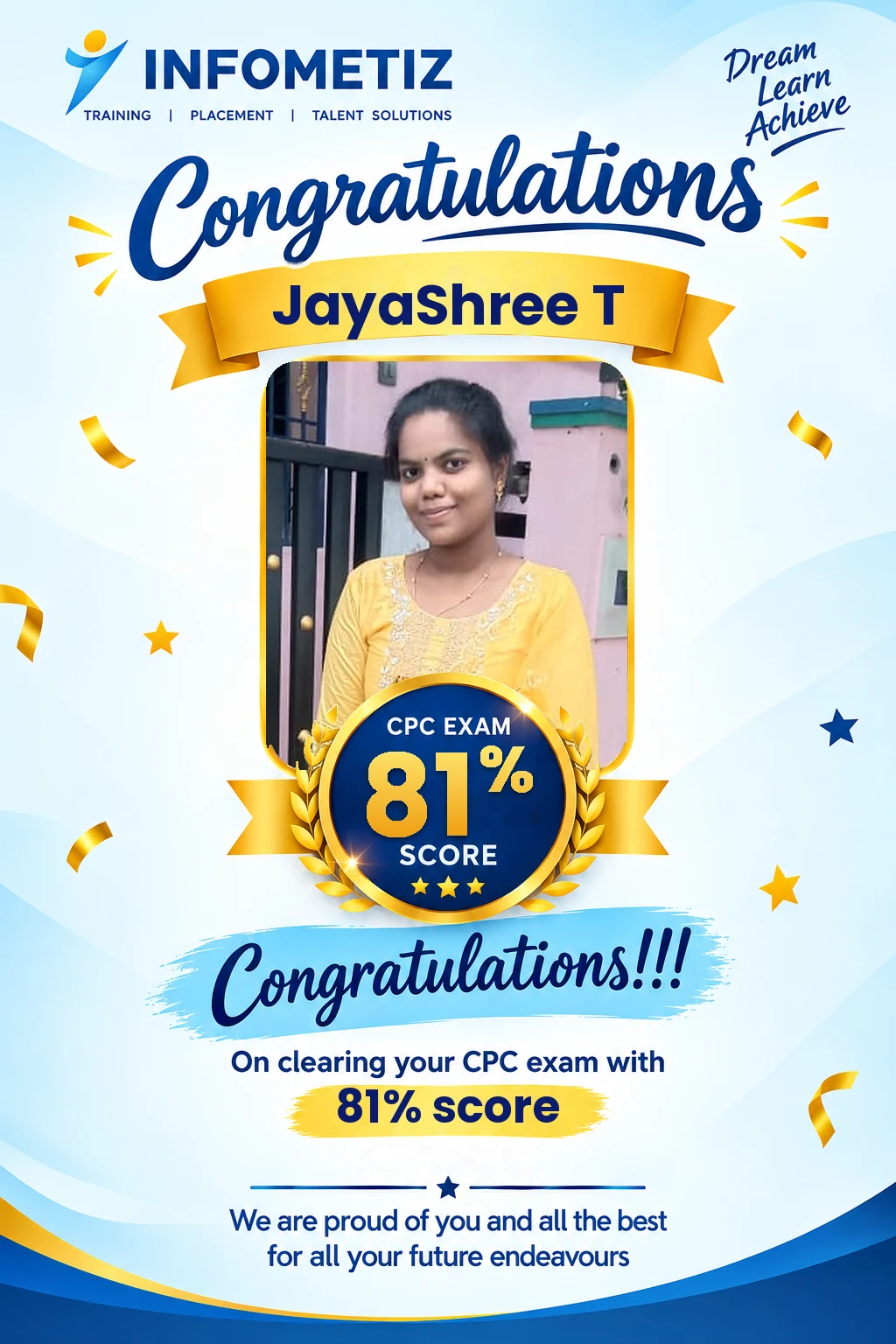 JayaShree T cleared the AAPC CPC exam with 81%. Successfully placed at ARS — INFOMETIZ student