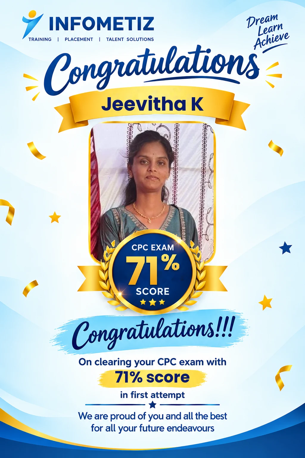 Jeevitha K cleared the AAPC CPC exam in the 1st attempt with 71% — INFOMETIZ student