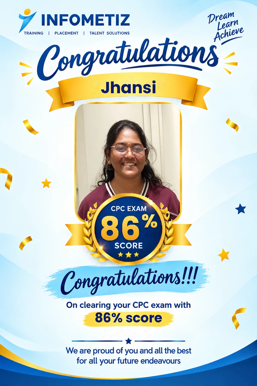 Jhansi cleared the AAPC CPC exam with 86%. Successfully placed at Calpion — INFOMETIZ student