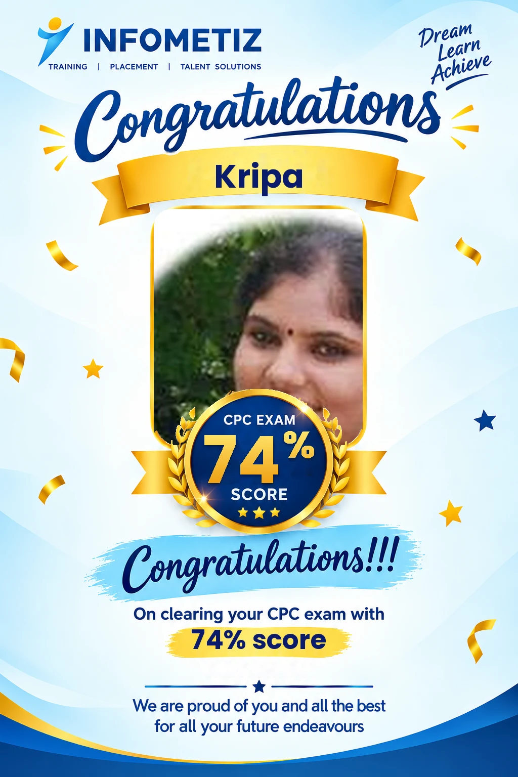 Kripa cleared the AAPC CPC exam with 74%. Successfully placed at Optum — INFOMETIZ student