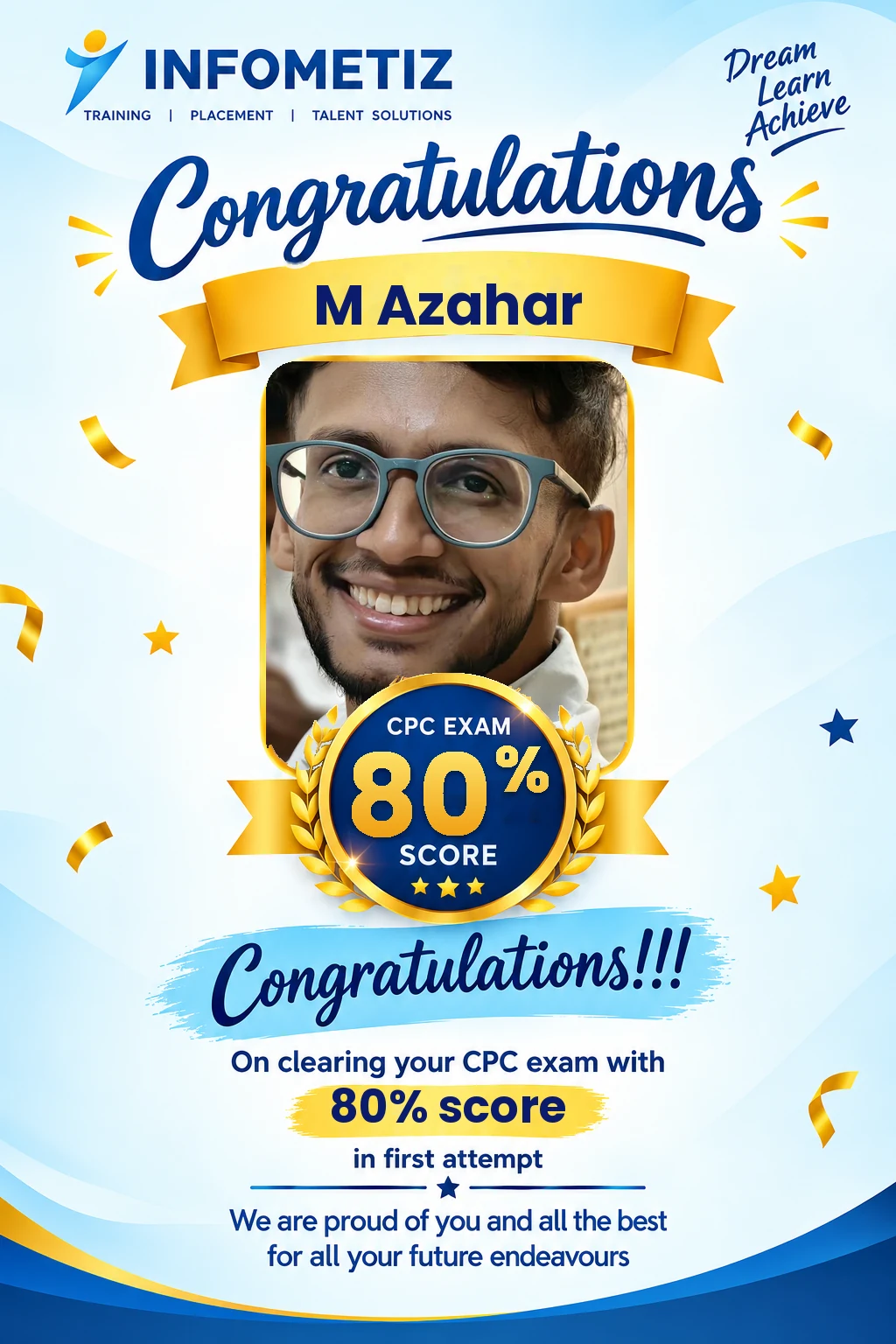 M Azahar cleared the AAPC CPC exam in the 1st attempt with 80% — INFOMETIZ student