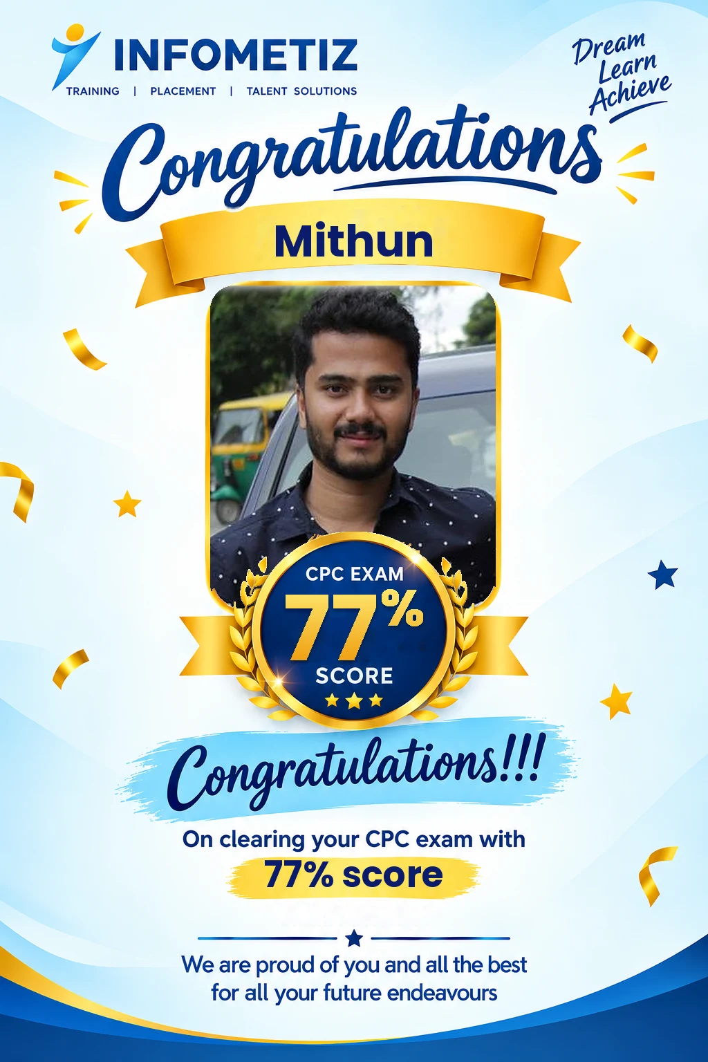 Mithun cleared the AAPC CPC exam with 77%. Successfully placed at Sagility — INFOMETIZ student