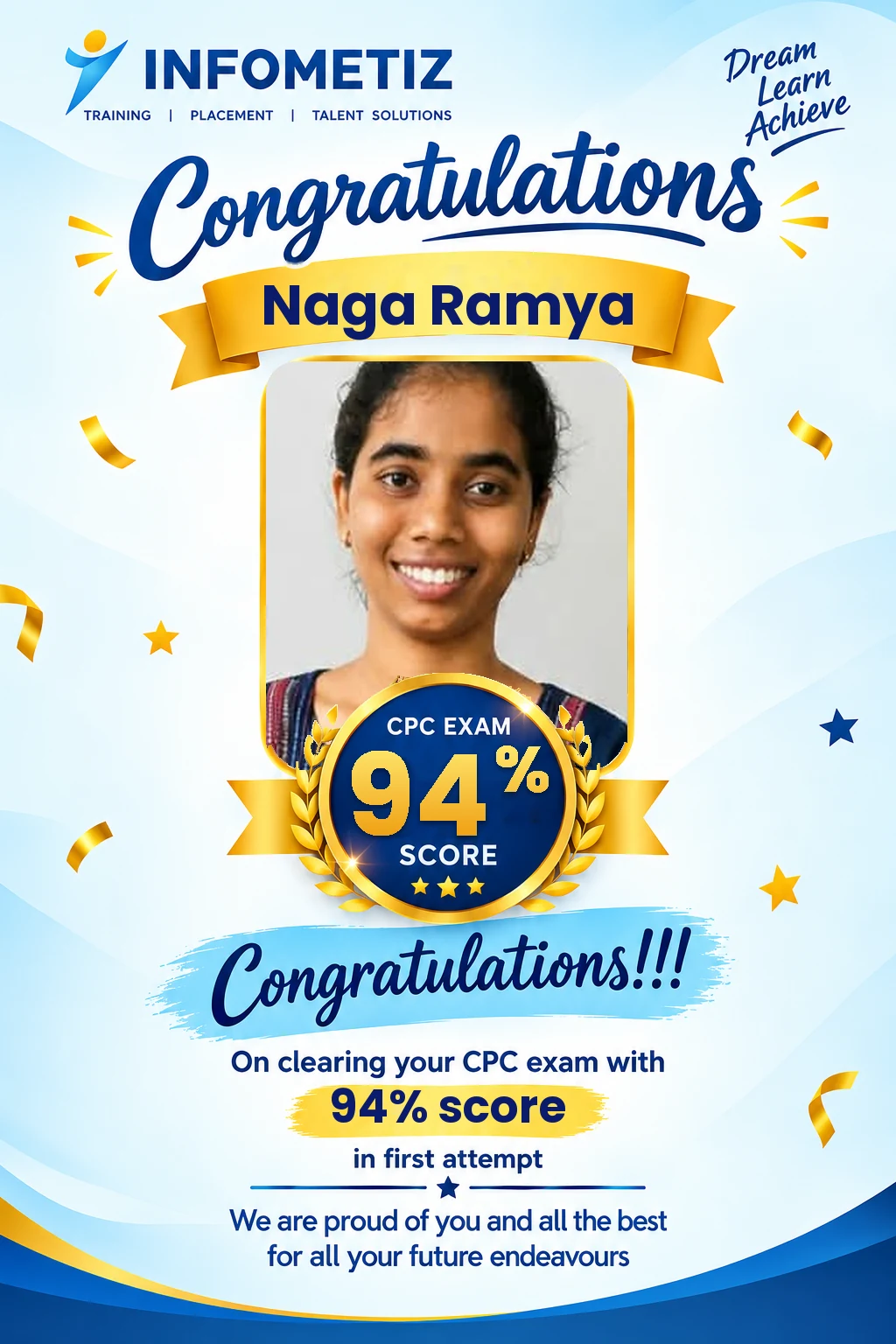 Naga Ramya cleared the AAPC CPC exam in the 1st attempt with 94% — INFOMETIZ student