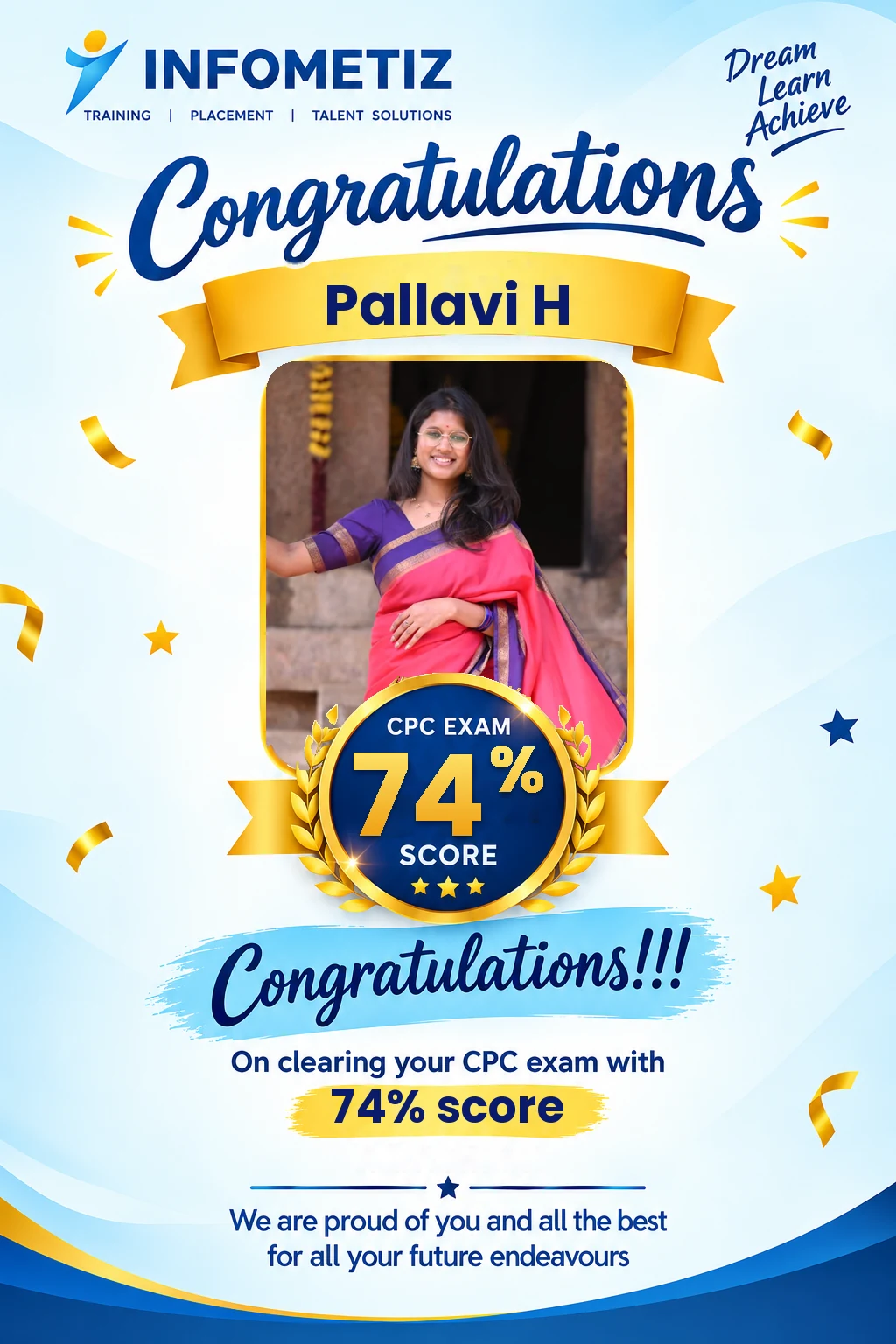 Pallavi H cleared the AAPC CPC exam with 74%. Successfully placed at Infinix — INFOMETIZ student