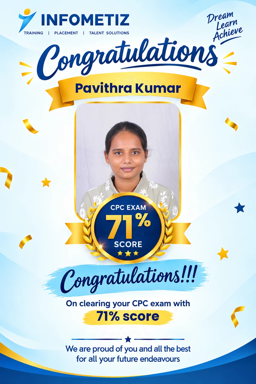 Pavithra Kumar cleared the AAPC CPC exam with 71%. Successfully placed at Sagility — INFOMETIZ student
