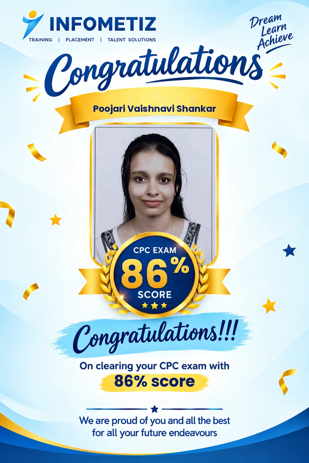 Poojari Vaishnavi Shankar cleared the AAPC CPC exam with 86%. Successfully placed at Omega Healthcare — INFOMETIZ student