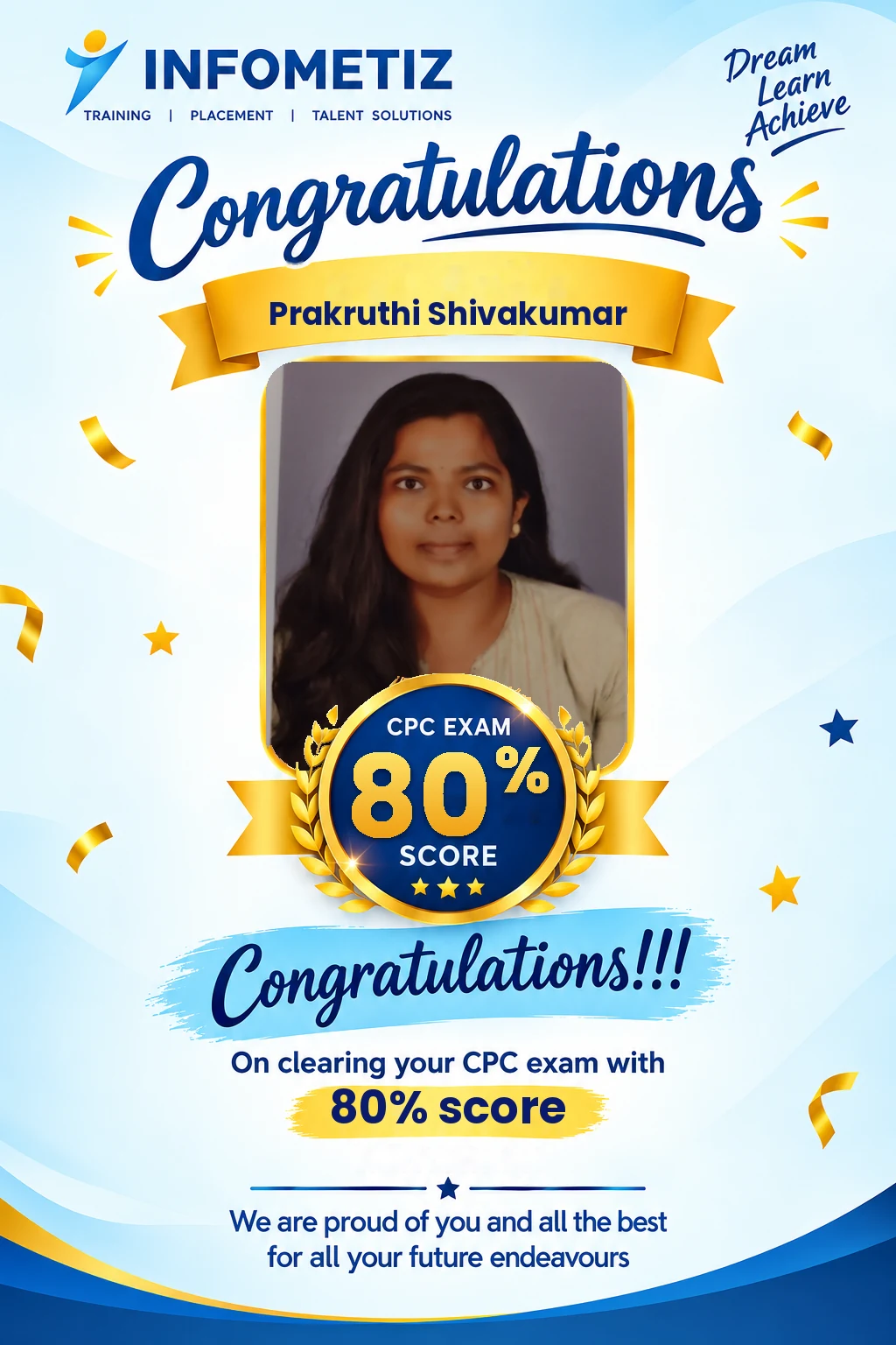 Prakruthi Shivakumar cleared the AAPC CPC exam with 80%. Successfully placed at Optimize RCM — INFOMETIZ student