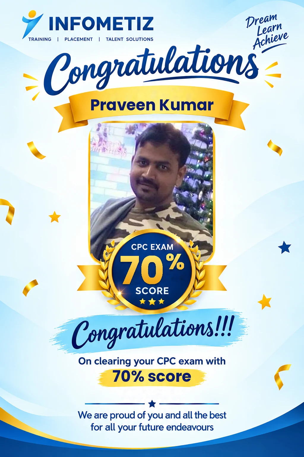Praveen Kumar cleared the AAPC CPC exam with 70%. Successfully placed at Sagility — INFOMETIZ student