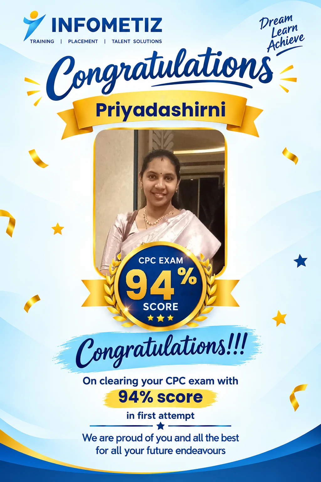 Priyadashirni cleared the AAPC CPC exam in the 1st attempt with 94% — INFOMETIZ student