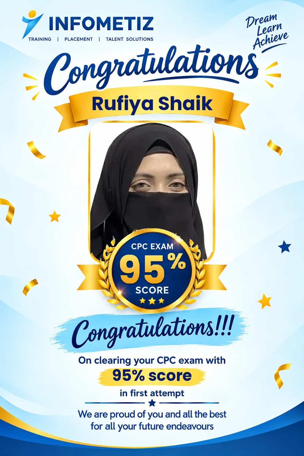 Rufiya Shaik cleared the AAPC CPC exam in the 1st attempt with 95% — INFOMETIZ student
