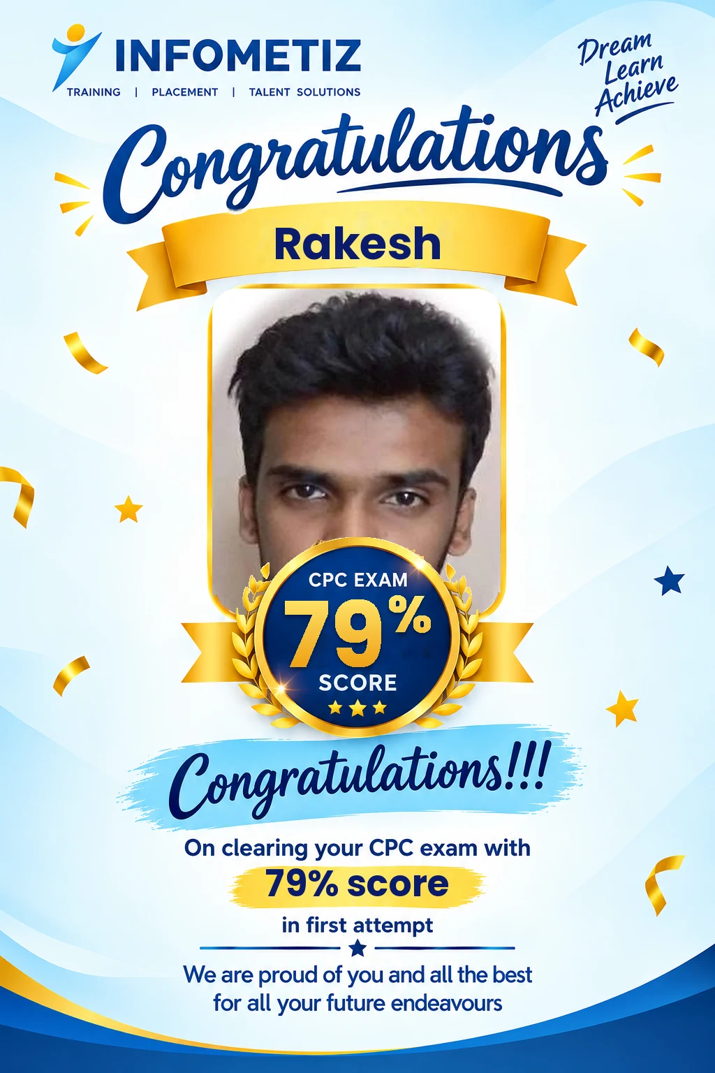 Rakesh cleared the AAPC CPC exam in the 1st attempt with 79%. Successfully placed at Sagility — INFOMETIZ student
