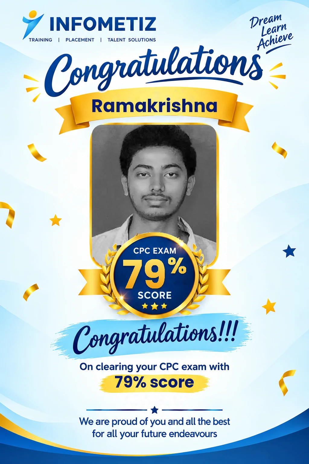 Ramakrishna cleared the AAPC CPC exam with 79%. Successfully placed at Sagility — INFOMETIZ student