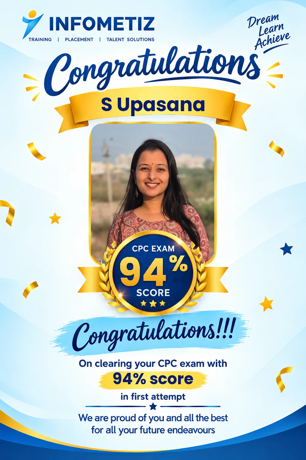 S Upasana cleared the AAPC CPC exam in the 1st attempt with 94% — INFOMETIZ student