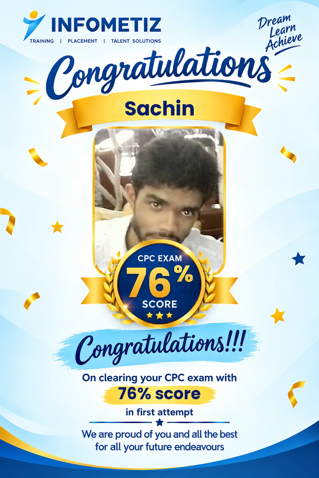 Sachin cleared the AAPC CPC exam in the 1st attempt with 76%. Successfully placed at Sagility — INFOMETIZ student