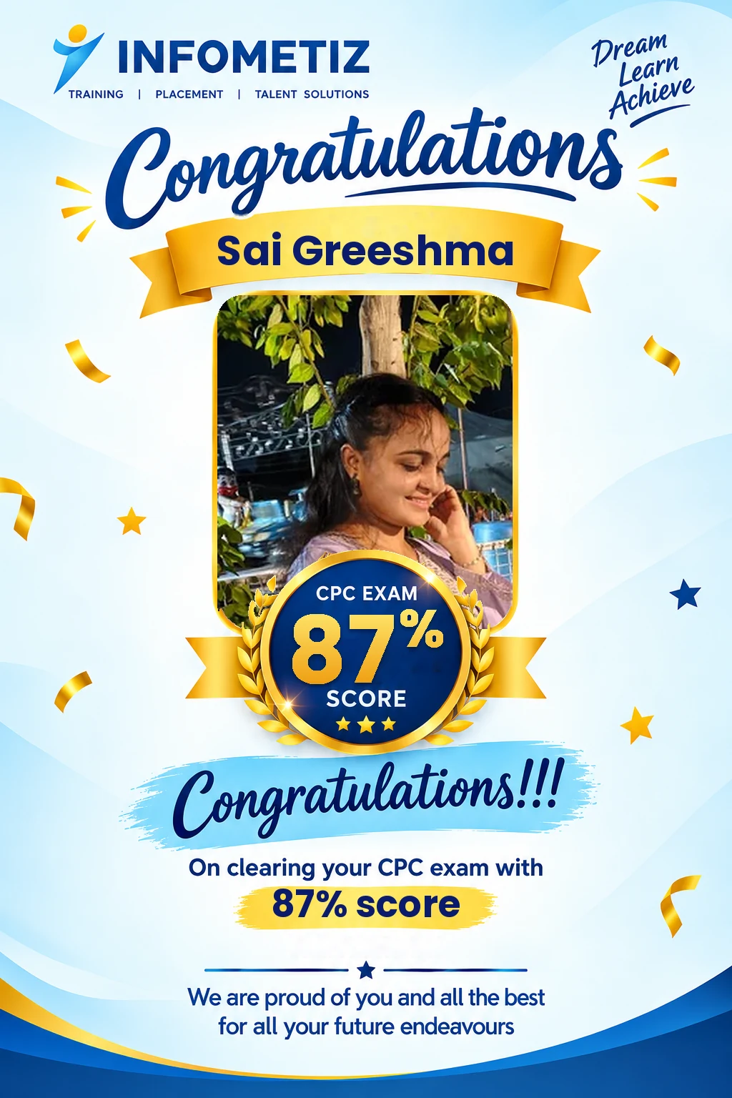 Sai Greeshma cleared the AAPC CPC exam with 87%. Successfully placed at CorroHealth — INFOMETIZ student