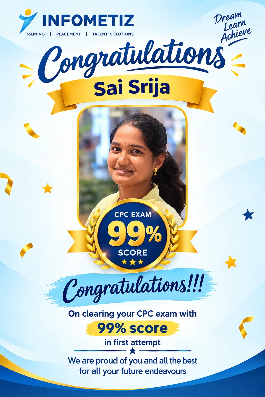Sai Srija cleared the AAPC CPC exam in the 1st attempt with 99% — INFOMETIZ student