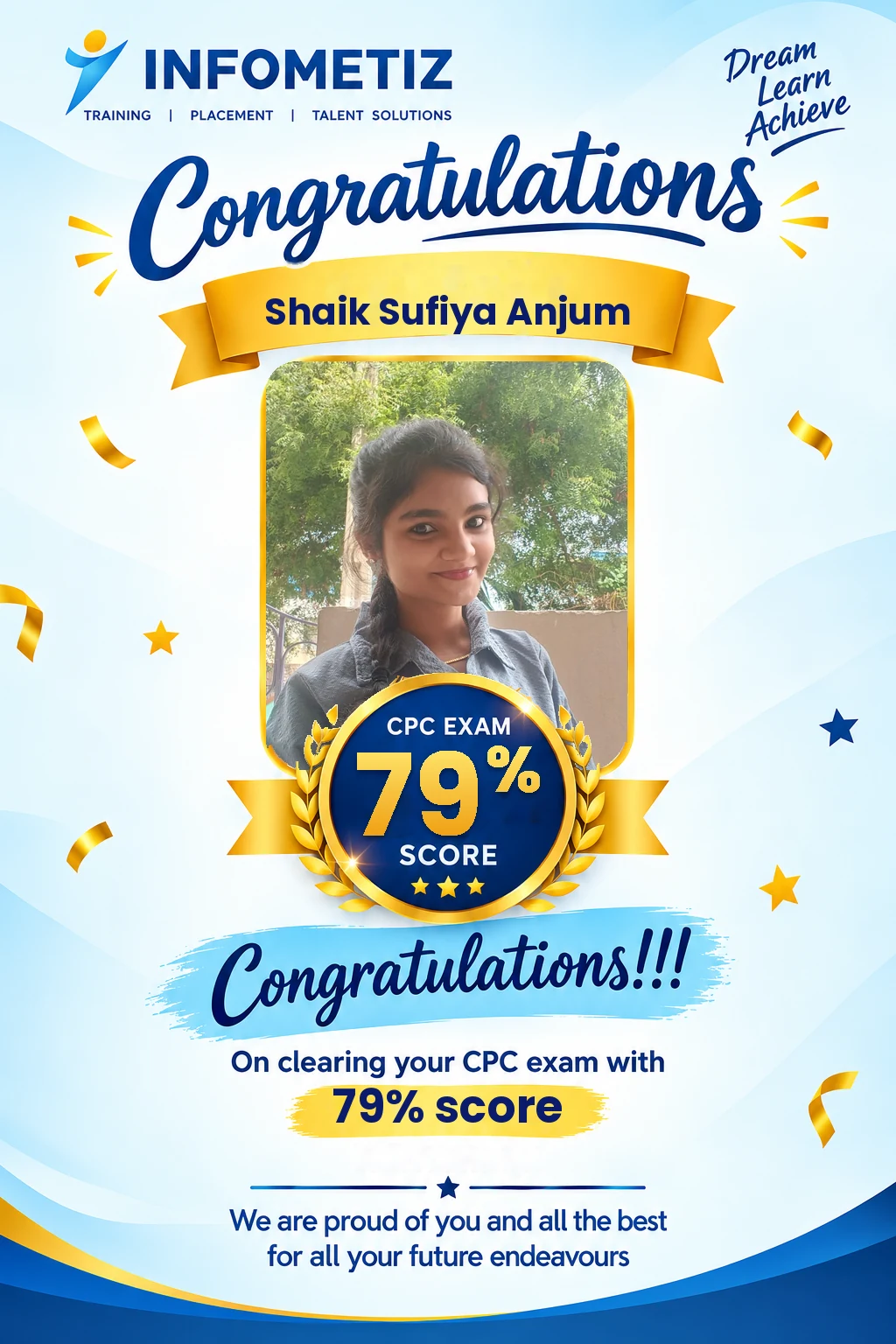 Shaik Sufiya Anjum cleared the AAPC CPC exam with 79%. Successfully placed at IKS Health — INFOMETIZ student