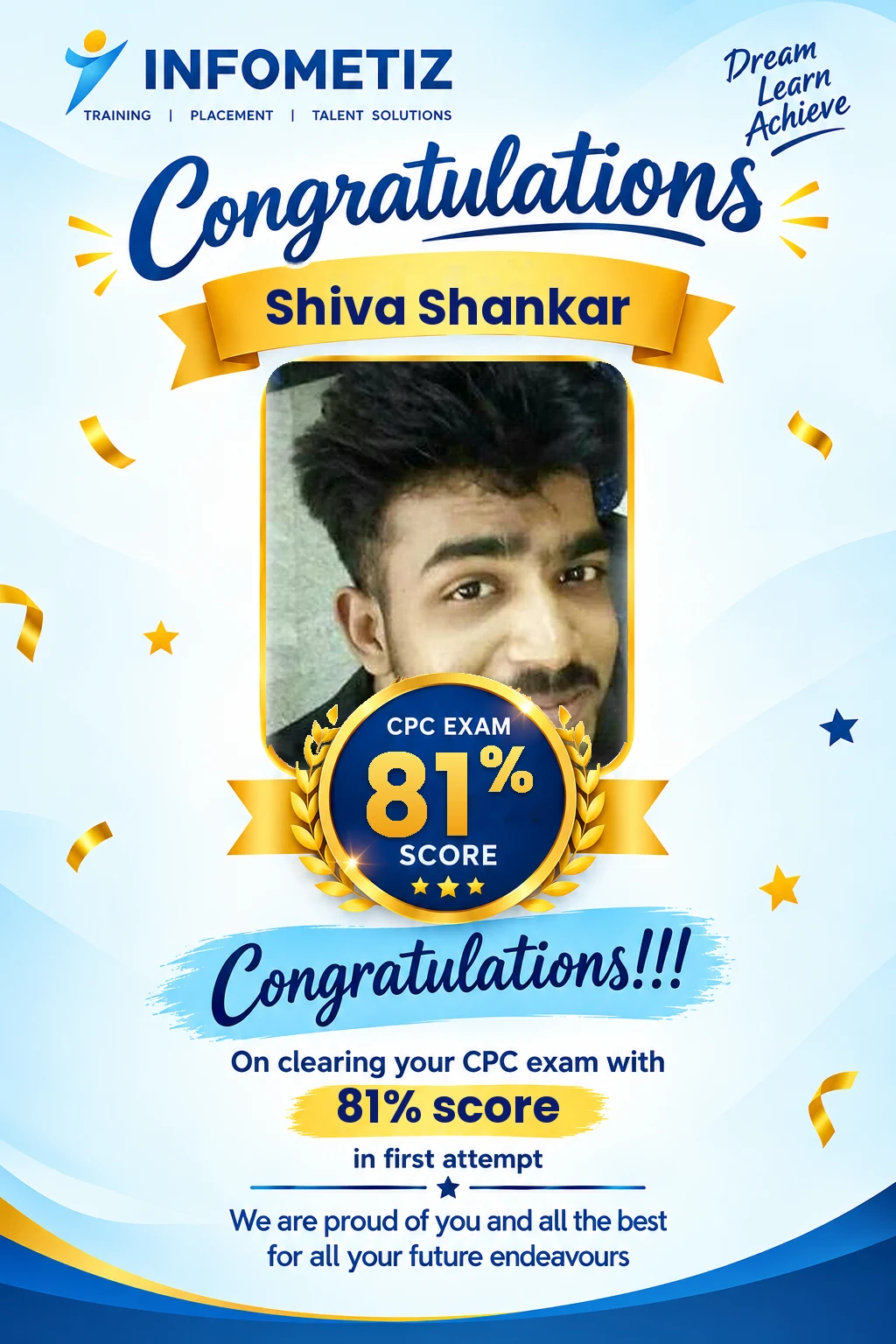 Shiva Shankar cleared the AAPC CPC exam in the 1st attempt with 81%. Successfully placed at Sagility — INFOMETIZ student