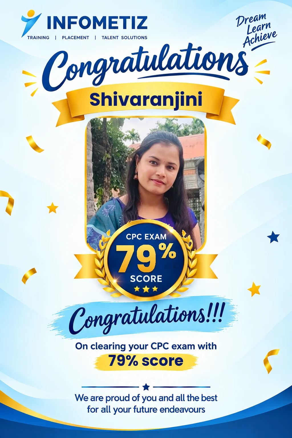 Shivaranjini cleared the AAPC CPC exam with 79%. Successfully placed at Sagility — INFOMETIZ student