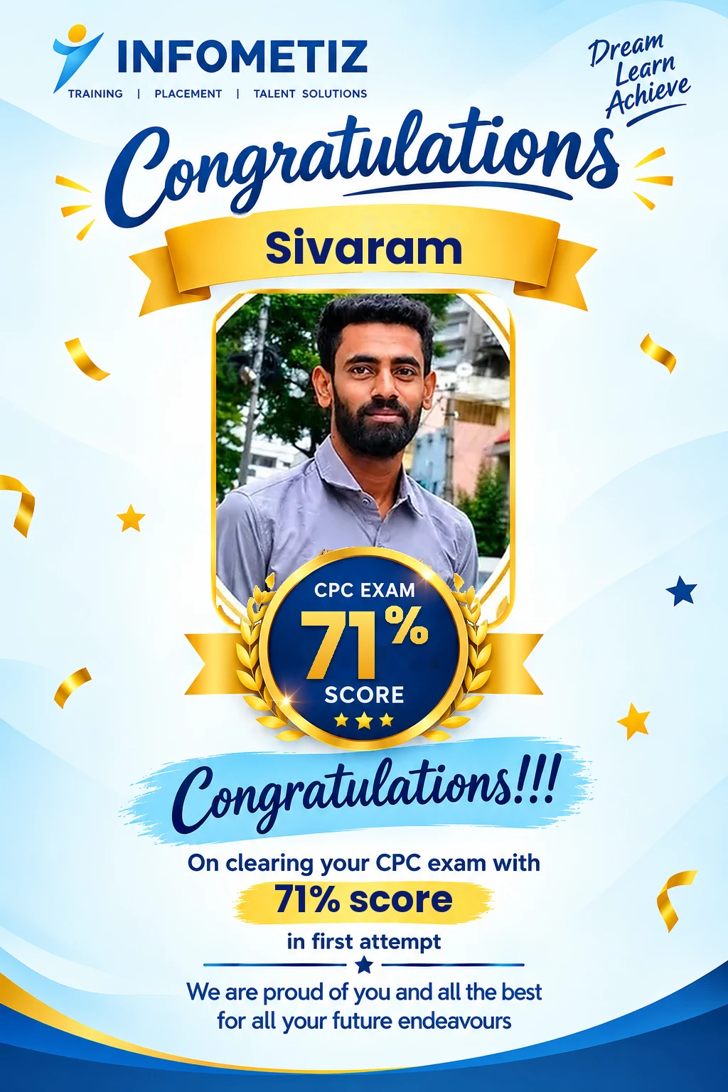 Sivaram cleared the AAPC CPC exam in the 1st attempt with 71% — INFOMETIZ student