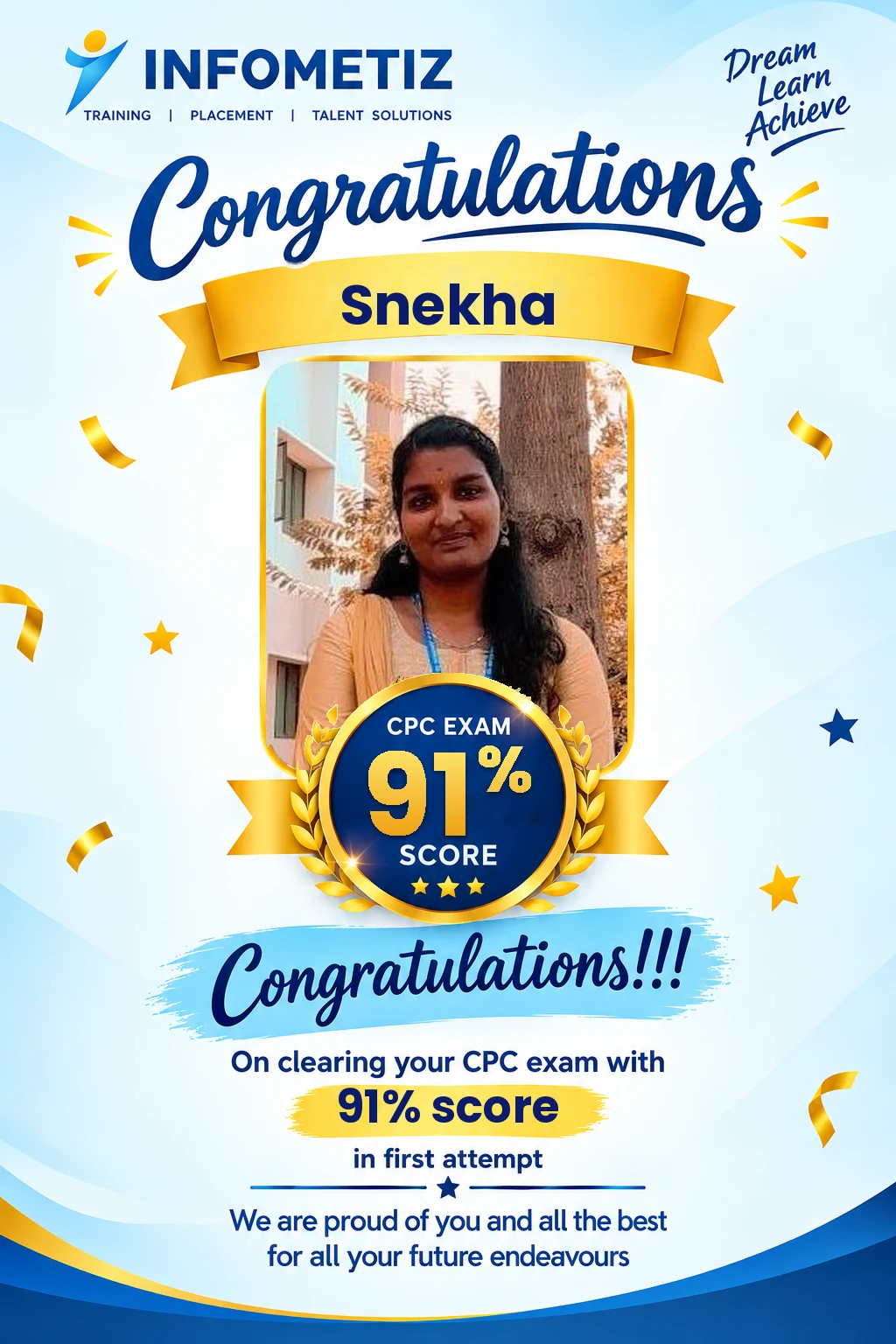 Snekha cleared the AAPC CPC exam in the 1st attempt with 91% — INFOMETIZ student