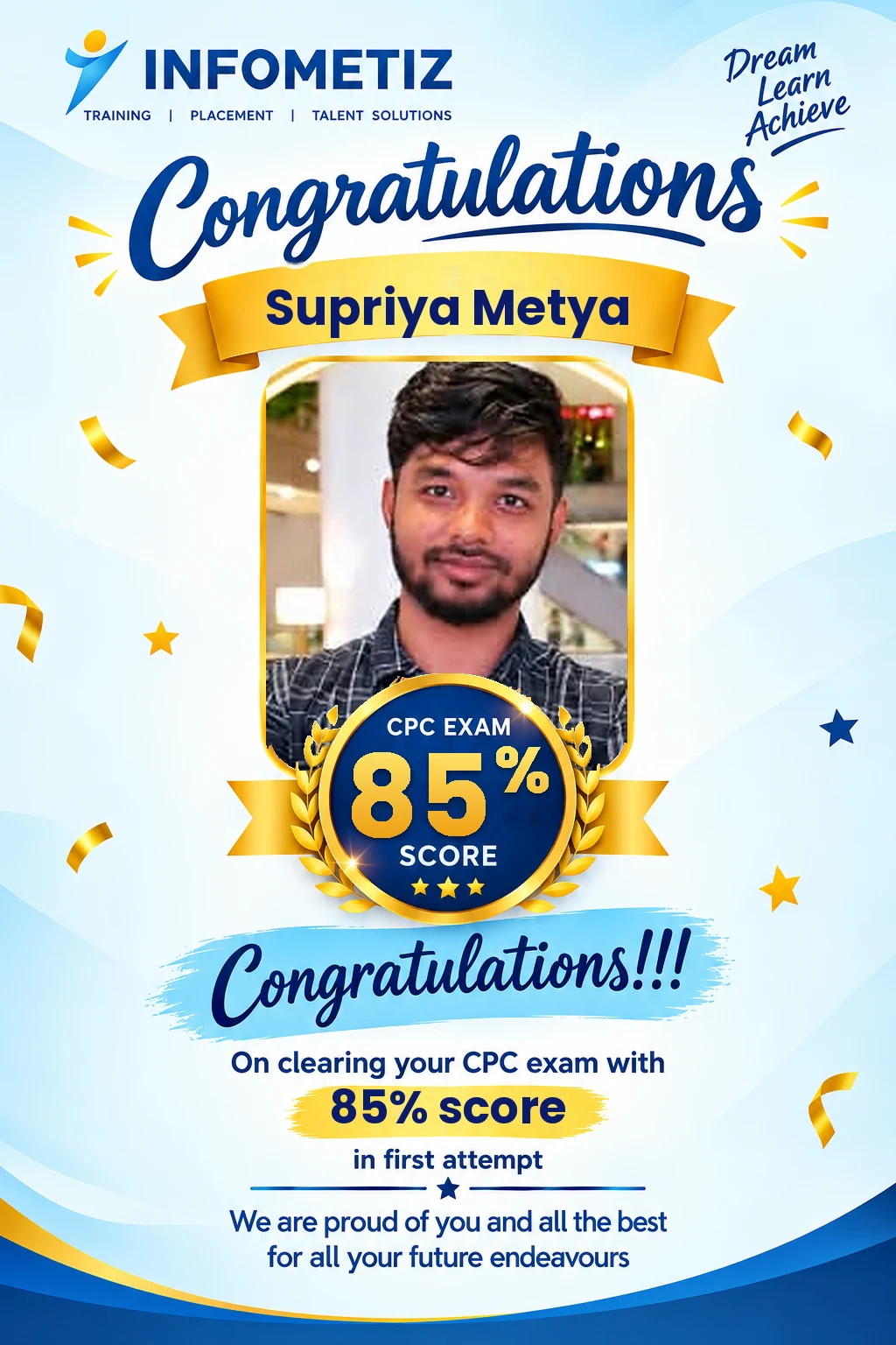 Supriya Metya cleared the AAPC CPC exam in the 1st attempt with 85% — INFOMETIZ student