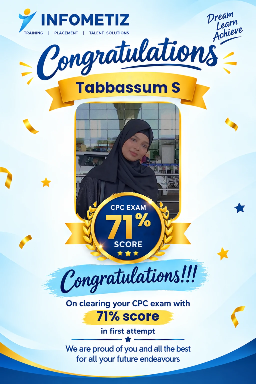 Tabbassum S cleared the AAPC CPC exam in the 1st attempt with 71% — INFOMETIZ student