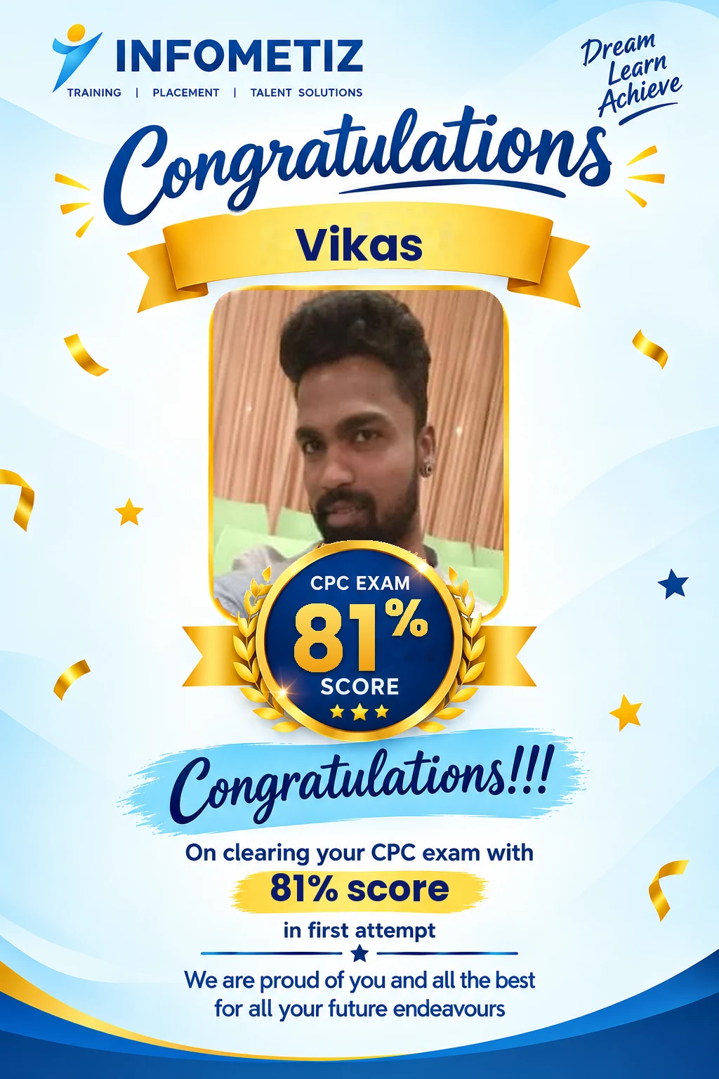 Vikas cleared the AAPC CPC exam in the 1st attempt with 81%. Successfully placed at Optum — INFOMETIZ student
