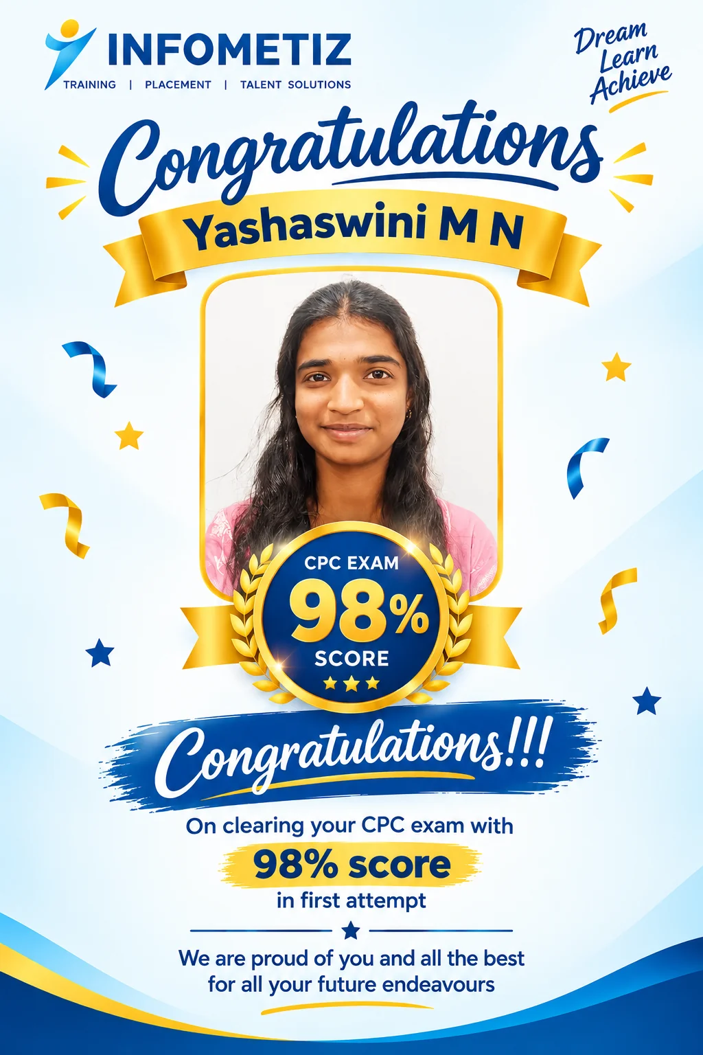 Yashaswini M N cleared the AAPC CPC exam in the 1st attempt with 98% — INFOMETIZ student
